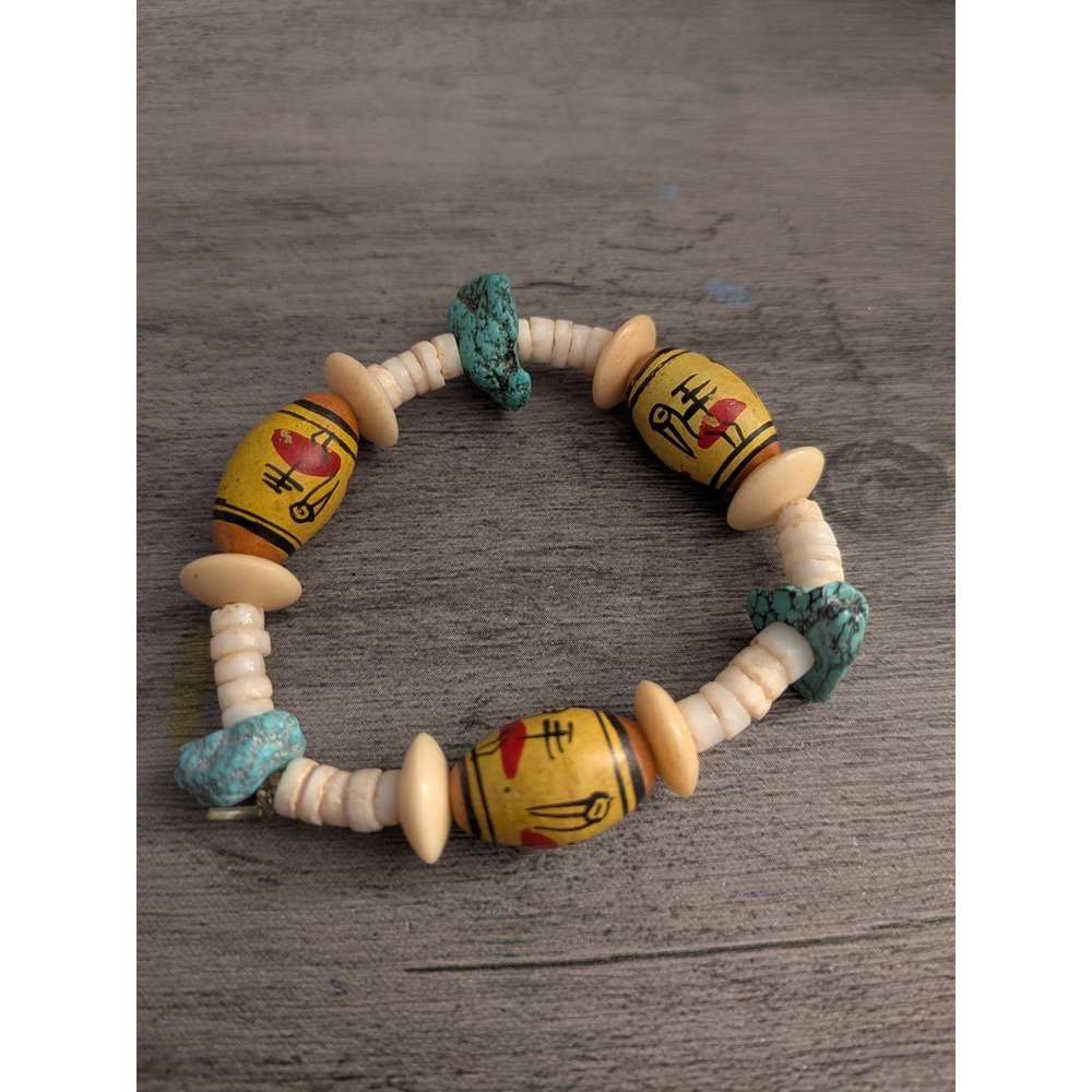 Vintage Southwestern Hand-Painted Bird‎ Bone Bead Bracelet | Turquoise Accents